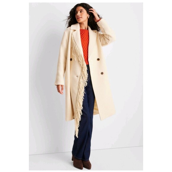 Women's Future Collective Notched Lapel Double Breasted Fringe Coat Cream Medium - Picture 2 of 8